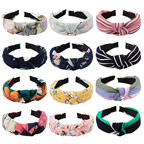 AOPRIE 12Pcs Boho Headbands for Women Floral Bandeau Headbands Elastic Silk Knotted Headbands for Women Cross Twisted Head Hairbands Wrap Hair Accessories for Women
