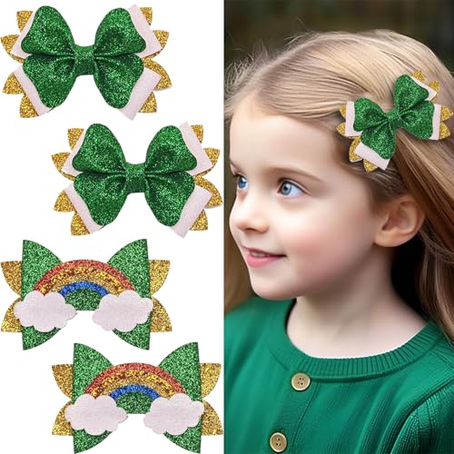 4 Pcs St. Patrick's Day Hair Clips Bow Hair Accessories Cute Rainbow Pattern Glitter Sparkly Hair Barrettes Holiday Headdress Hairpin for Girls Women Kids Party Cosplay Prezzie