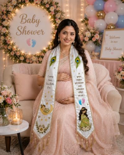 Image of Mom to Be Baby Shower Dupatta for Godh Bharai and baby shower Stoles with Bal Krishna Print, Ceremonial Festive Seemantham Functions FREE Shreenathji Brooch Pin for Dad to Be