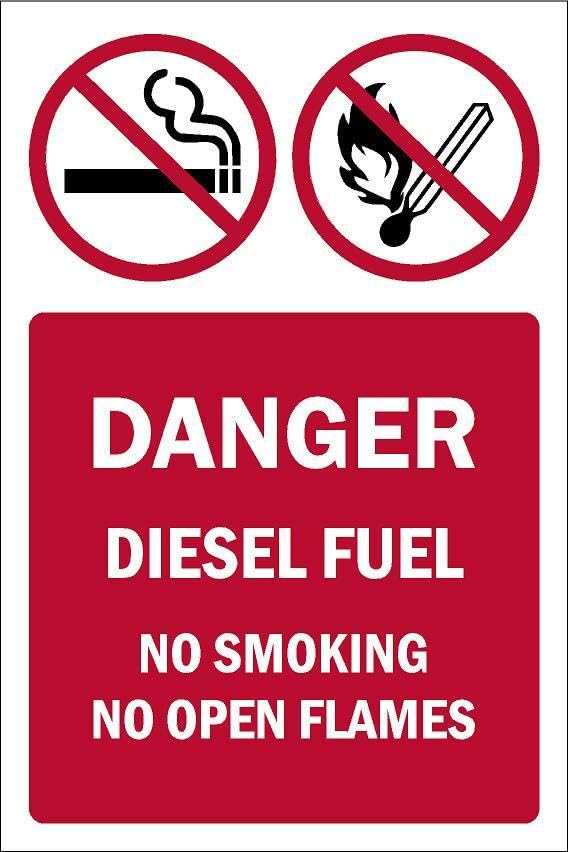 Danger, Diesel fuel, No smoking, No open flames, prohibition sign - Self adhesive sticker (400mm x 300mm)