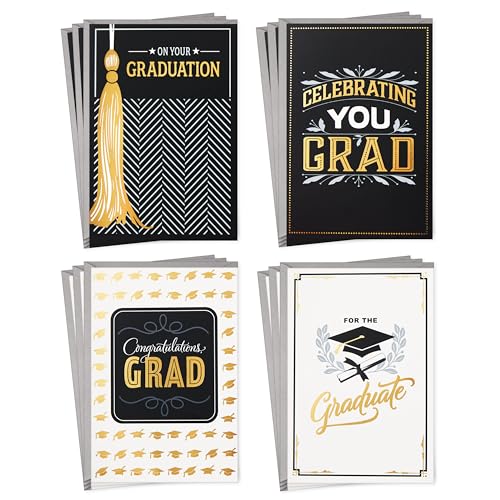 Hallmark Graduation Cards Assortment, Black and Gold, Congratulations Grad (12 Cards and Envelopes, 4 Designs)