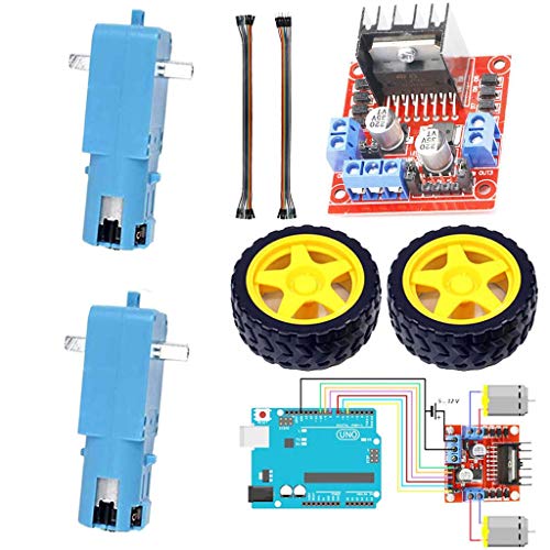 DAOKI 2PCS TT Motor DC 3V-6V 1:90 All Metal Dual Axis Robot Smart Car Speed Reducer Gear Motor + L298N Motor Driver Module + Dupont Cable Female to Female,Male to Female 4 PIN + Toy Wheel