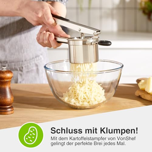 Foto von VonShef Kartoffelstampfer – Lebensmittelechte Edelstahl Kartoffelpresse mit Silikongriff – Spülmaschinengeeignete Obst- und Gemüsepresse, Robuste Lebensmittelpresse für Kartoffelbrei