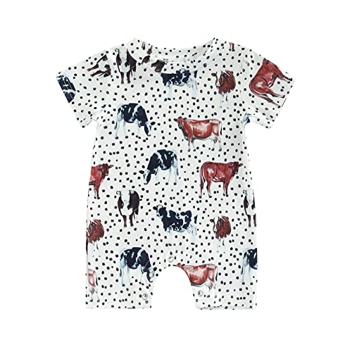 Image of Lamuusaa Newborn Baby Girl Boy Romper Short Sleeve Cow Print Bodysuit One Piece Ribbed Jumpsuit Summer Outfits