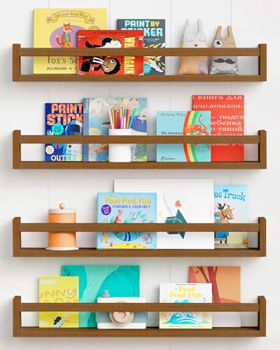 Image of Forbena 24 Inch Wooden Floating Nursery Book Shelves for Wall, Walnut Nursery Bookshelf Wall Mounted for Kids Bedroom, Large Kids Floating Bookshelves for ChildToys Classroom Books Decor (Dark Brown)
