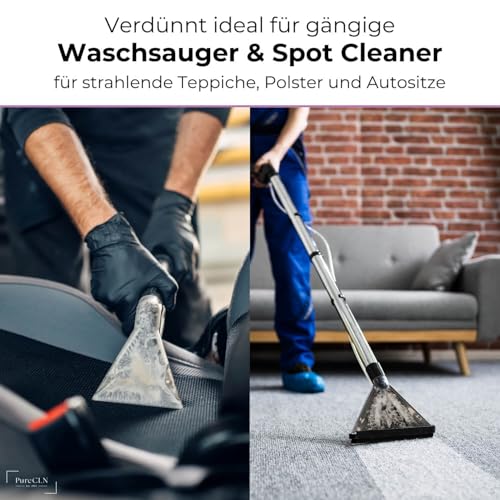 PureCLN Polster- & Teppichreiniger Konzentrat 1L, mit Fleckenlöser & Farbauffrischer – Teppichreiniger-Mittel für hartnäckigen Schmutz, Rotwein und Urin - maschinell & manuell anwendbar