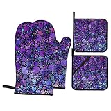 Purple Circles Oven Mitts and Pot Holders Set Heat Resistant Oven Gloves Flexible for Kitchen Cooking Baking Grilling Microwave