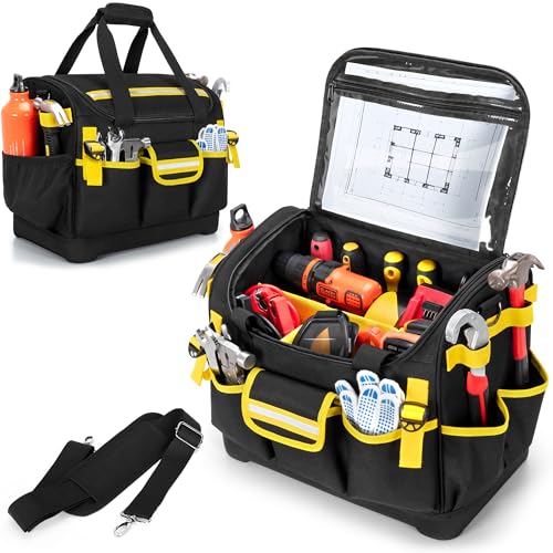 Image of 15-Inch Tool Organizer Bag with Hard Base, Heavy Duty Tool Box for Men, Tactical Electrical Work Bag for Electrician, Craftsman, Black