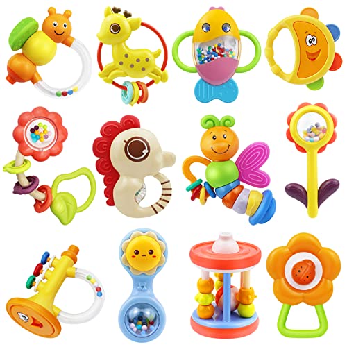 MOONTOY 12pcs Baby Rattles for Babies 0-6 Months Teething Toys 3-6 Months, Newborn Infant Teethers Baby Toys 6-12 Months, Montessori Baby Easter Basket Stuffers Gifts 1 2 3 4 5 6 7 9 10 Month Boy Girl