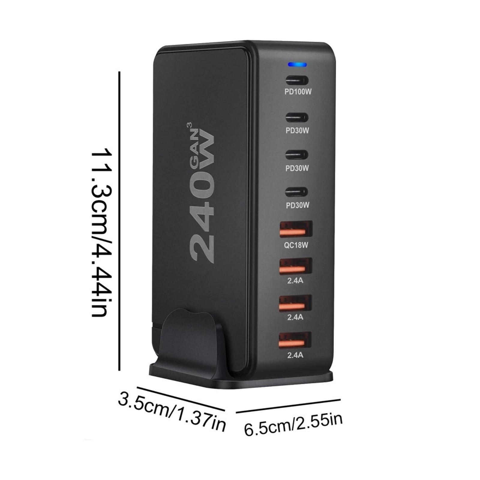 Stacja ładowania USB 240 W Ładowarka biurkowa 8-portowa USB typu C Ładowarka PD Szybkie ładowanie 3.0 USB typu C Szybka ładowarka Mobilna ładowarka USB (Rozmiar: czarny)