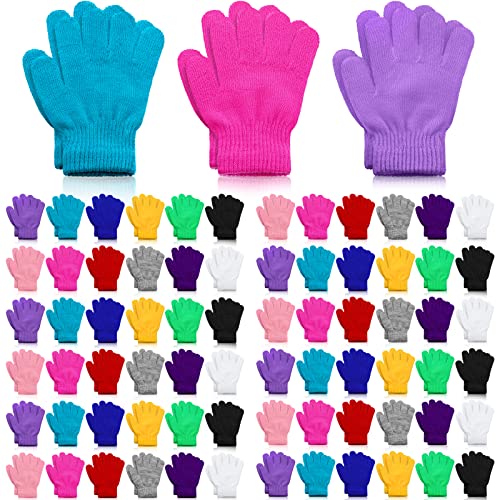 Jeyiour 100 Pairs Children's Winter Gloves - Bulk Kid's Warm Full Fingers Stretchy Knitted Gloves for Boys & Girls - Christmas Gifts
