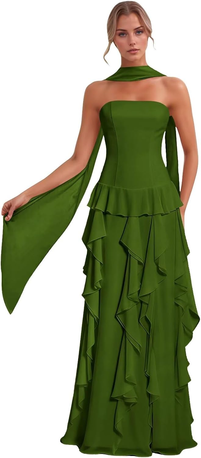 Strapless Bridesmaid Dresses Long for Women 2026 Chiffon A Line Formal Evening Prom Gowns with Scarf