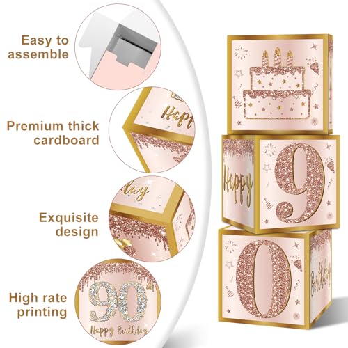 Image of Guiruiy 3Pcs 90th Birthday Decorations Boxes for Women, Pink Rose Gold 90th Birthday Balloons Boxes Party Supplies, Pink Ninety Year Old Bday Theme Cardboard Box Decor