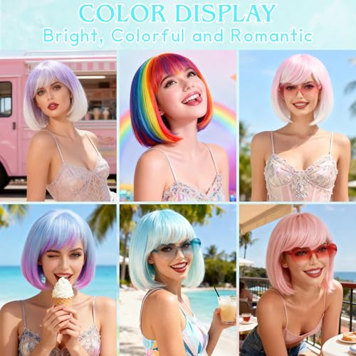 Image of PLULON Blue Ombre Bob Wig with Heart Sunglasses and Hair Cap for Women Men, Colorful Short Funny Bob Wigs with Bangs Colored Cosplay Hairpieces for Halloween Costume Neon Bachelorette Party