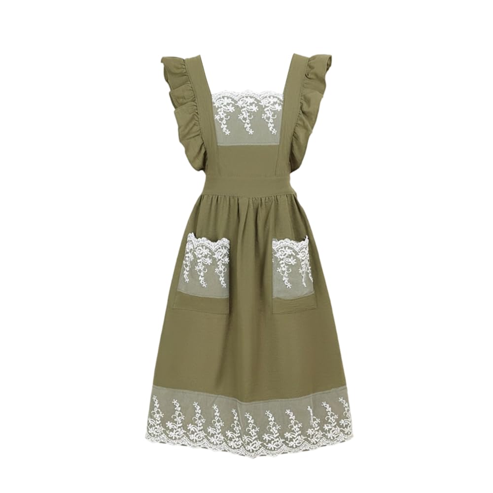 Bdkmms Green Cotton Cooking Apron, Household Aprons Dress With Side 2-Pocket, Lace Cooking Baking Dress For Gardening C