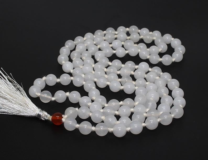 Collar Mala 108 con piedra lunar blanca AAA natural | Collar Mala con cuentas de 10 mm y oración 108 | Pulsera Mala anudada a mano | Japa Mala | Cuentas Redondas| Borla de meditación