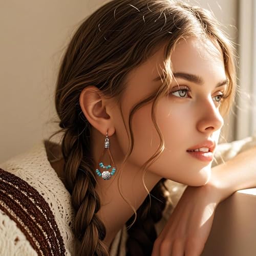 Western Outfits Earrings for Women Bohemian Turquoise Dangle Vintage Ethnic Flower Pendant Country Concert Western Jewelry Accessories Gift3