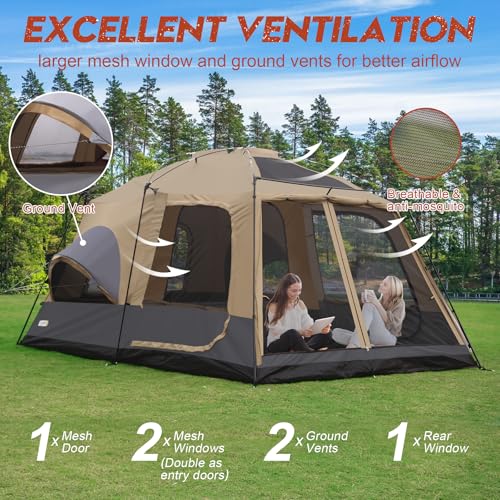 Carpa para camping de 8–12 personas, 2 habitaciones con divisor de cremallera, porche, carpa cabaña extra grande impermeable con 3 puertas y ventanas de malla, instalación fácil, 2.16 m de altura para camping al aire libre miniatura 6