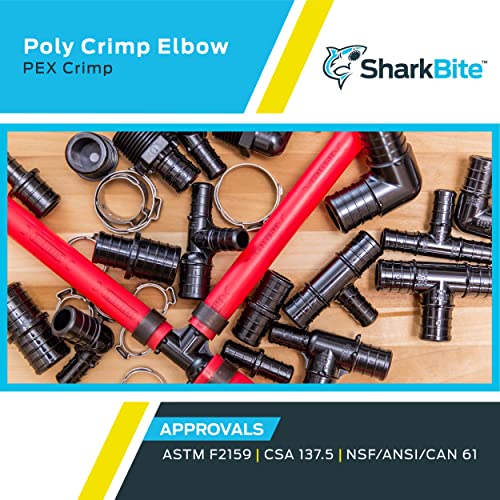 Image of SharkBite 3 /4 x 1 /2 Inch Poly Crimp 90 Degree Reducing Elbow, Pack of 5, PEX Pipe, PE-RT, UP274A5