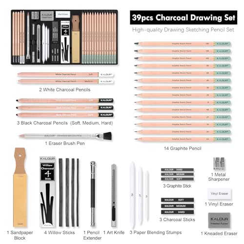 KALOUR PDAS 39pcs Drawing Pencils Set, Professional Sketch Pencils (5H-14B), Black and White Charcoal Pencils for Sketching, Eraser Brush Pen, Charcoal Sticks, Art Pencils Set for Artists & Beginners