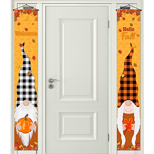 Rainlemon Herbst-Zwerg Veranda-Banner schwedisch Tomte Buffalo Karo Plaid Kürbis Ahornblatt Thanksgiving Haustürschild Dekoration Cover