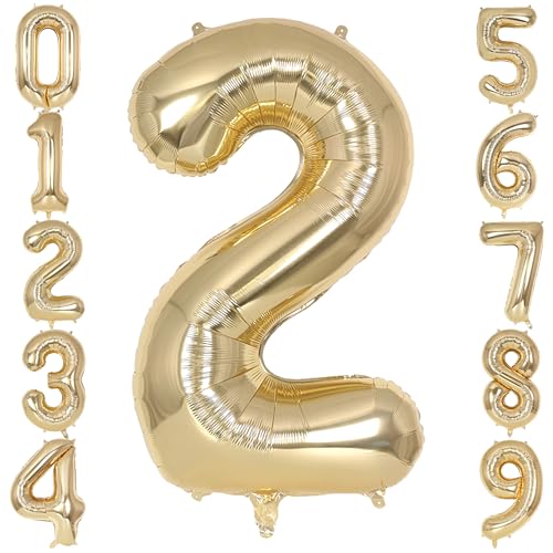 Image of Champagne Gold Large Number 2 Balloon, 40 Inch Light Gold Foil Helium Number Balloons, Giant Mylar Number 2 Balloons for 2nd Years Old Birthday Party Anniversary Decorations