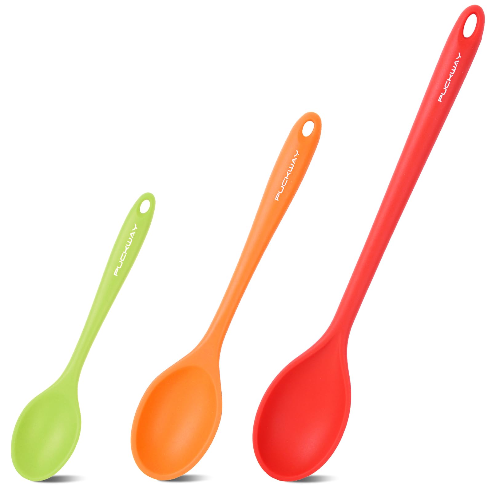 PUCKWAY 3 Pcs Silicone Spoons Set - 7.9, 10.6, 14.2 inch for Cooking, Heat Resistant Kitchen Spoons for Mixing, Stirring, and Serving, Small to Large Non Stick Utensils (Red, Orange, Green)