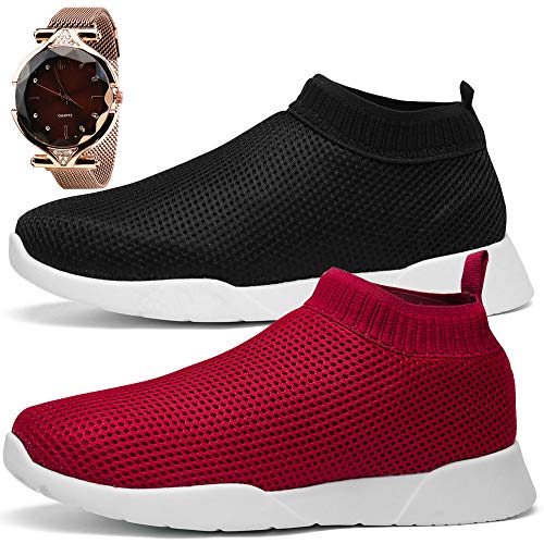 Kit 2 Tênis Sapatofran Caminhada Feminino Leve e Confortável Com Relógio Magnético (39, PRETO-VERMEL