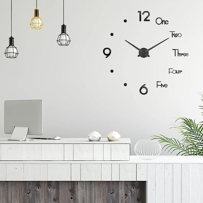 DIY Frameless Modern Large Wall Clock 3D Mirror Sticker Metal Big Wall Clock Home Office Decorations (Black)