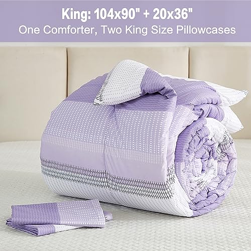 Litanika Lavender Comforter Set King - 3 Pieces Lightweight Lavender Purple White Colorblock Stripe Fluffy Bedding Comforter Sets, All Season Bed Set