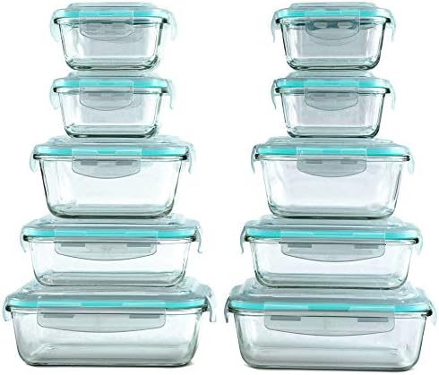 Vallo [20 Piece] Glass Food Storage Containers Set with Snap Lock Lids - Safe for Microwave, Oven, Dishwasher, Freezer - BPA Free - Airtight & Leakproof