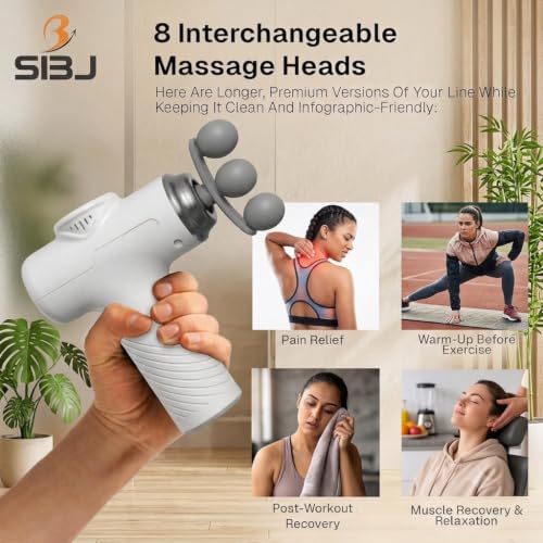 Image of SBJ Massage Gun Deep Tissue Muscle Pain Relief, 9 Adjustable Heads For Back, Shoulder & Body Pain Massager (White, Black, Beige)