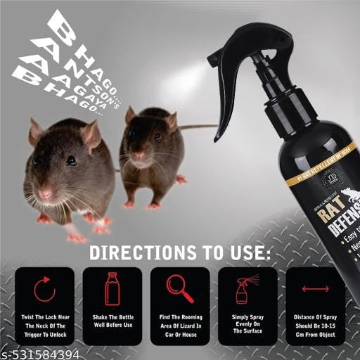 Image of Rat Defence Spray, Natural Rodent Repellent, Black Bottle, 200ml, Easy to Apply, Long Lasting Home, Rat Defense For Car Pack Of 2 (Chamomile)