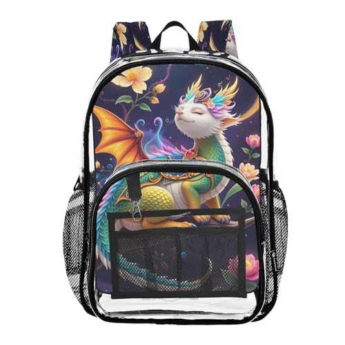 Cute Dragon Blossom Wing Flower Clear Backpack Heavy Duty See Through Transparent PVC BookBag for Kids Boy Girl School Work