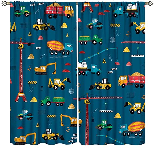 Cartoon Truck Print Curtains for Kids Room, Bucket Truck Thermal Insulated Noise Reducing Blackout Rod Pocket Window Drapes for Boys Girls Bedroom Living Room 72x63in