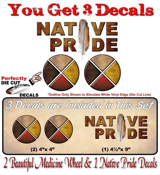 Miniatura 2 de 3 calcomanías de vinilo de 9 pulgadas con pluma de orgullo nativo con plumas y 2 ruedas medicinales vintage de 4 pulgadas, calcomanías de vinilo