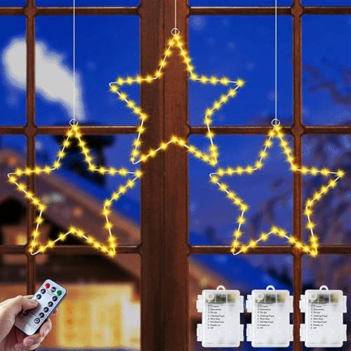 POIFL Luzes de Natal exteriores, conjunto de 3 peças, 40 LED luz de Natal exterior com temporizador, 8 modos, estrelas de Natal, luzes natalícias interiores para varandas, janelas, terraço, bateria