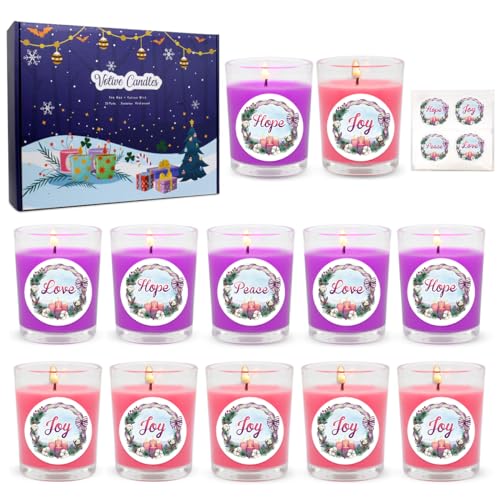 Velas votivas rellenas de vidrio transparente morado y rosa sin perfume, 20 paquetes de velas pequeñas de cera de soja natural de 2.0 pulgadas con 20 calcomanías de Adviento de Navidad de esperanza,