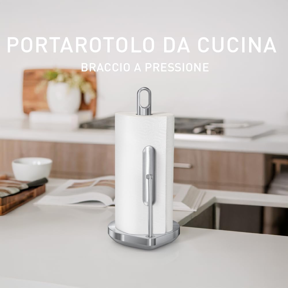 simplehuman Braccio di tensione porta rotolo da cucina, autoportante, facile da strappare, base ponderata resistente (adatto per rotoli da cucina da 23-28 cm), acciaio inossidabile spazzolato, KT1203