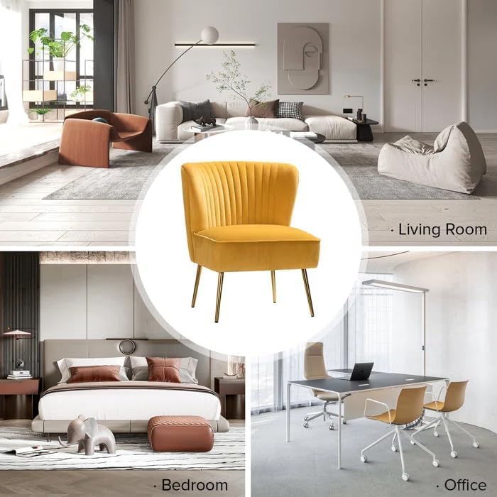 Image of Modern Upholstered Accent Velvet Chair Single Seater Channel Tufted Wing Back Chair with Golden Matel Legs for Living Room, Bedroom, Dining Room, Mustard