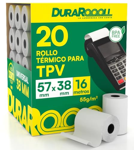 20 Rollos Papel Termico TPV Datafono DuraRoooll - Rollos Térmicos POS 57mmx38mmx16m Compatibles con Nexi SumUp Pax Axerve Ingenico para Tiques Recibos Tarjetas de Débito y Crédito