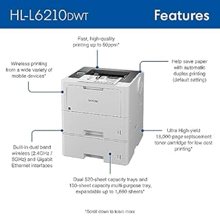 Brother HL-L6210DWT Business Monochrome Laser Printer with Dual Paper Trays, Wireless Networking, Works with Alexa, White