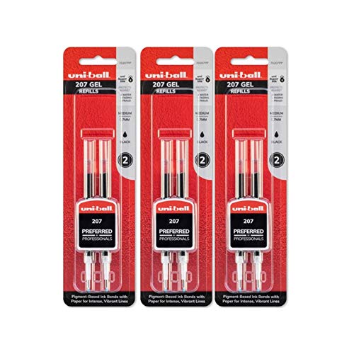 Uni-Ball Signo 207 Gel Pen Refills, 0.7mm, Medium Point, Black Ink, 3 Pack, 6 Refills