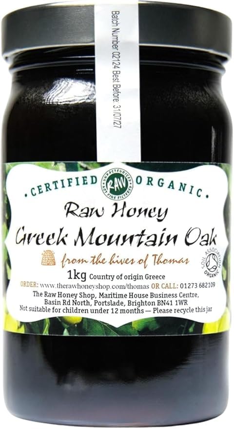 Thomas' Raw Greek Organic Mountain OAK HONEY, 1kg - Antibacterial Mountain HONEY, Thick & Unpasteurised, Single Origin - The Raw Honey Shop