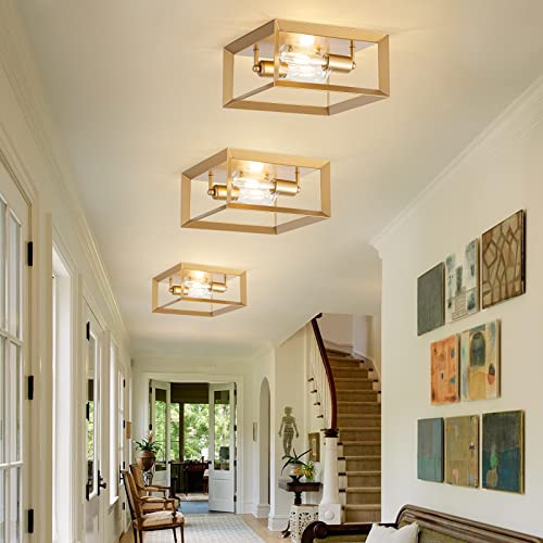 Brfaixla 2 Pack Gold Semi Flush Mount Ceiling Light Fixture 11" Modern Industrial Square Metal Close To Ceiling Light Farmhouse Lighting Fixture For Kitchen Island Living Dining Room Bedroom Foyer #TOP1
