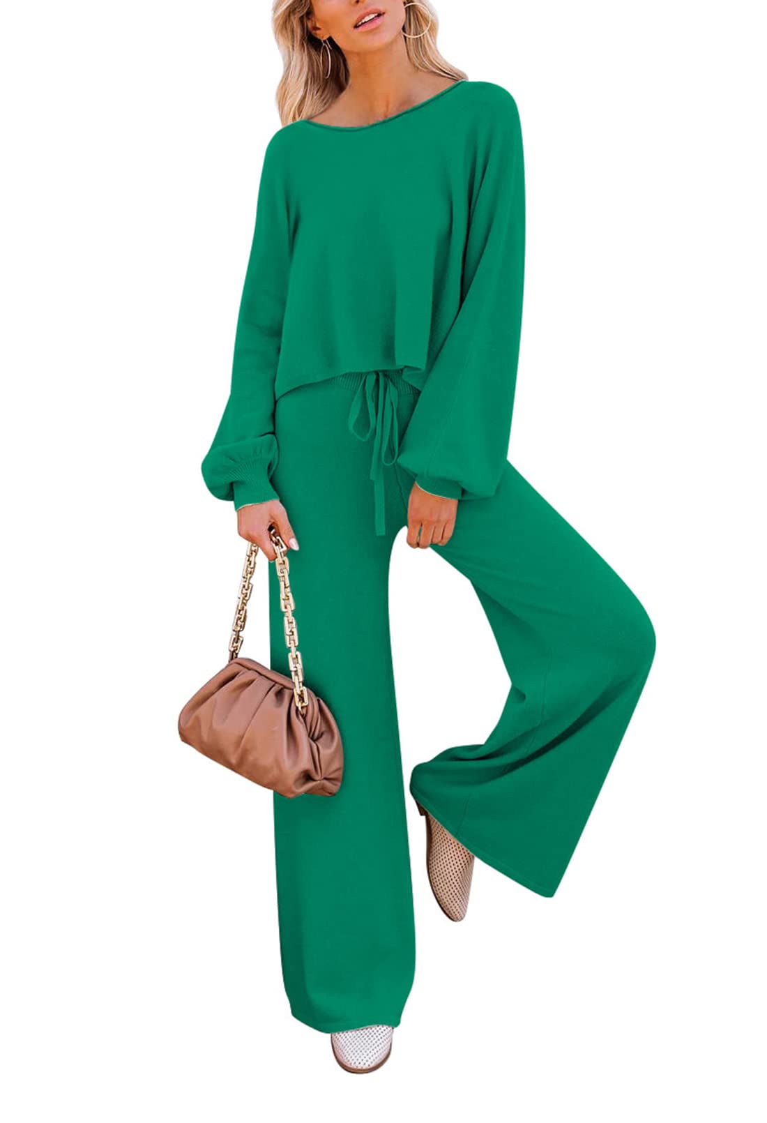 Pink Queen Women's 2 Piece Outfit Sweater Set Long Sleeve Crop Knit Top and Wide Leg Long Pants Sweatsuit