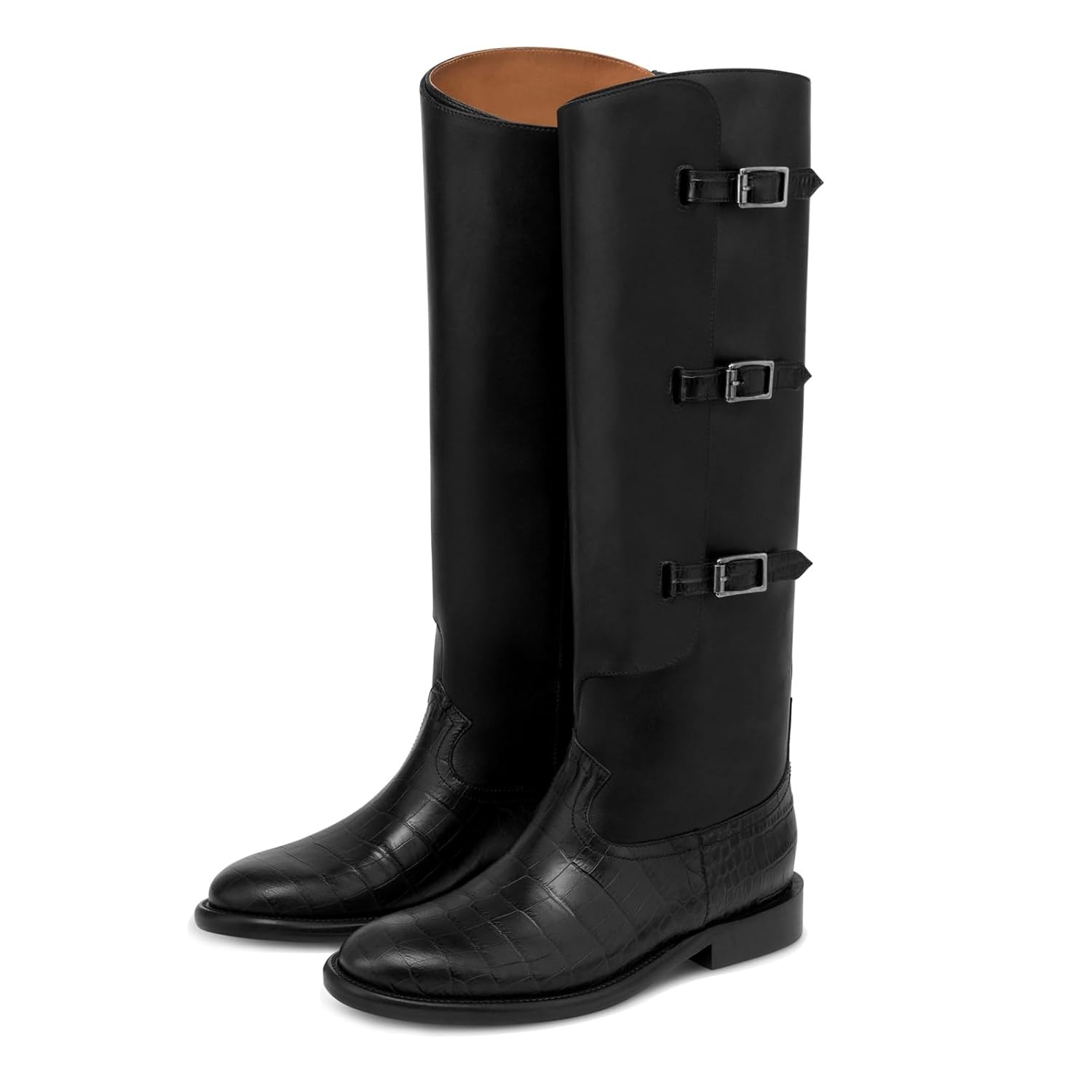 Goolita Womens Knee High Boots Round Toe Chunky Low Heel Motorcycle Boots Slip On Crocodile Buckle Biker Riding