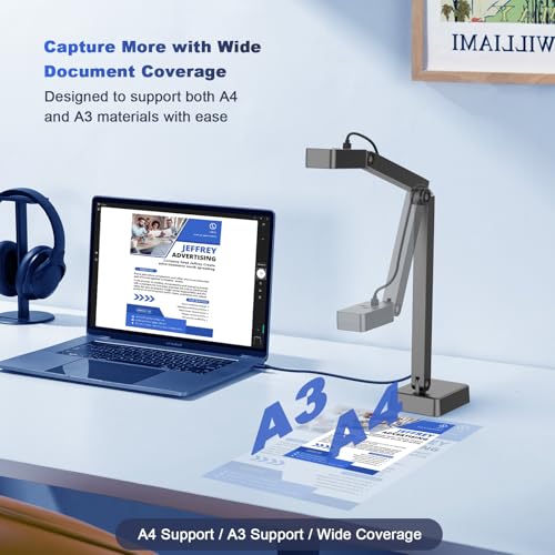 4K Document Camera for Teacher and Classroom, 8MP USB Webcam & Visualiser for A4 A3 Document, Doc Cam with Foldable Alloy Stand, Autofocus, LED Light & Mic, Work with Zoom, Mac, Windows, Chromebook - Thumbnail 4