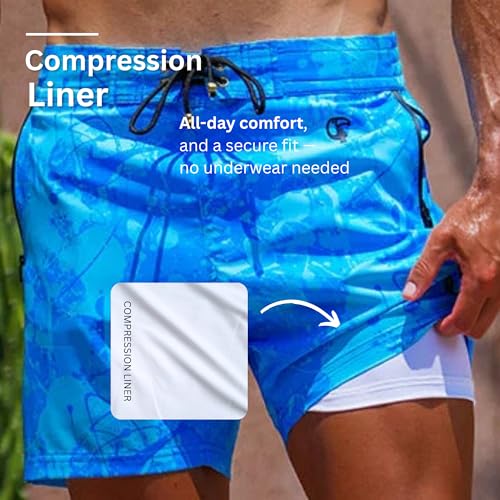 Tucann Men's Trunks 5" Compression Liner Quick Dry Zipper Pocket Chlorine Resistan 4 Way Stretch Printed Swim Shorts3