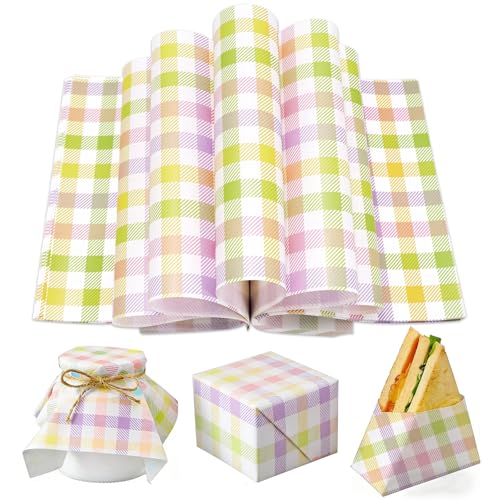 JarThenaAMCS 150 Pcs Spring Wax Deli Paper Sheets Easter Pastel Checkered Disposable Greaseproof Food Basket Liner for Sandwich Bread Burger Wrapping Birthday Wedding Party Supplies, 9.8 x 8.3 Inch